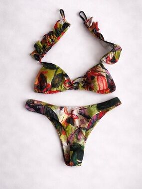 Tropical Floral Bikini Set Brazilian Cut Ruched Triangle Ruffle Top Swim Summer